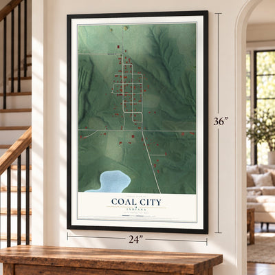 Coal City, Indiana map, 24 x 36 inch print in a black frame by a staircase