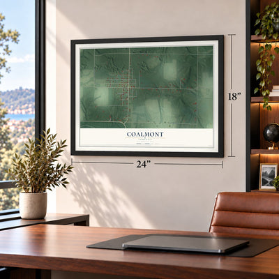 Coalmont, Indiana map, 18 x 24 inch print in a black frame in a home office
