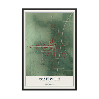 Map of Coatesville, Indiana, 12 x 18 inch print in a black wood frame