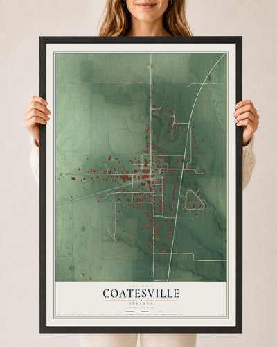 Map of Coatesville, Indiana, 24 x 36 inch print in a black wood frame