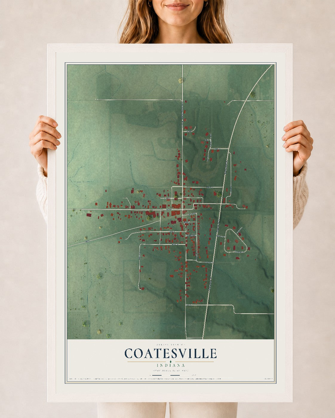 Map of Coatesville, Indiana, 24 x 36 inch print in a white wood frame