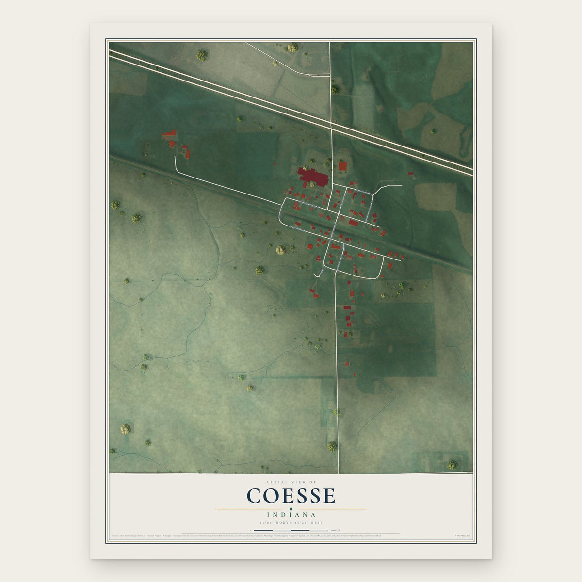 Coesse, Indiana map print, the full design