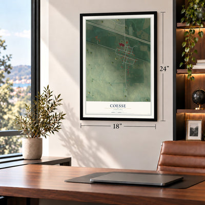 Coesse, Indiana map, 18 x 24 inch print in a black frame in a home office