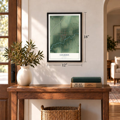 Colburn, Indiana map, 12 x 18 inch print in a black frame in an entryway