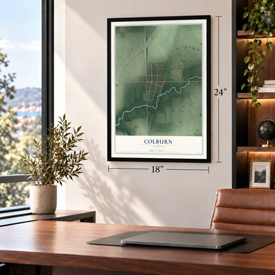 Colburn, Indiana map, 18 x 24 inch print in a black frame in a home office