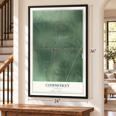 Commiskey, Indiana map, 24 x 36 inch print in a black frame by a staircase