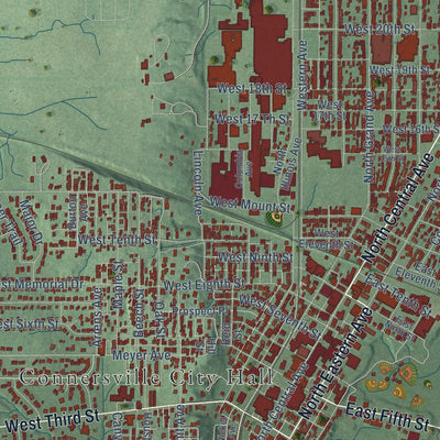 Close-up of the map of Connersville, Indiana print showing street and building detail