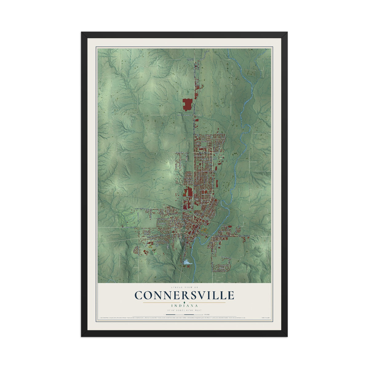 Map of Connersville, Indiana, 12 x 18 inch print in a black wood frame