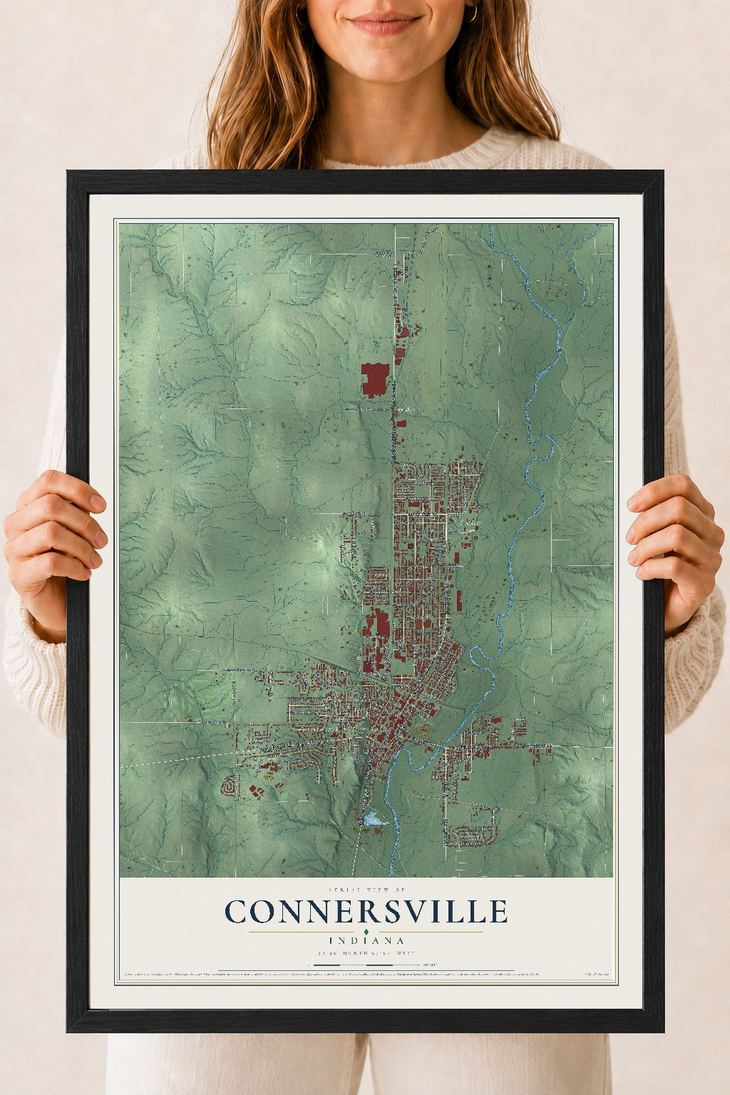 Map of Connersville, Indiana, 18 x 24 inch print in a black wood frame