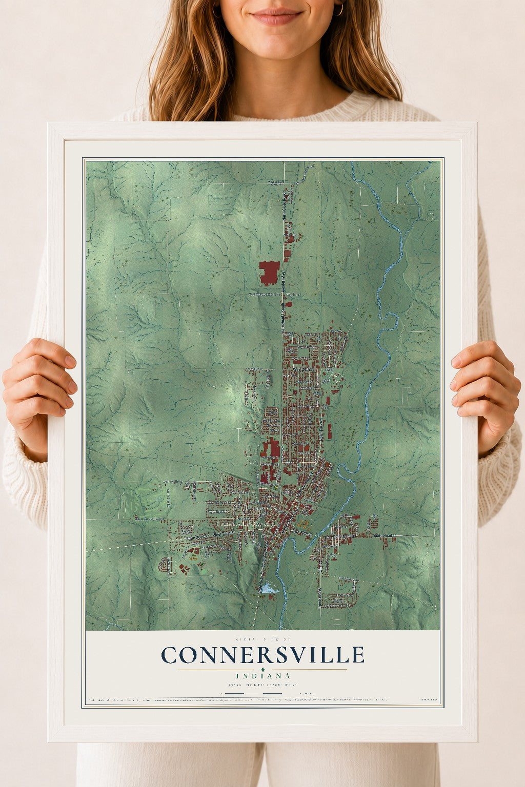 Map of Connersville, Indiana, 18 x 24 inch print in a white wood frame