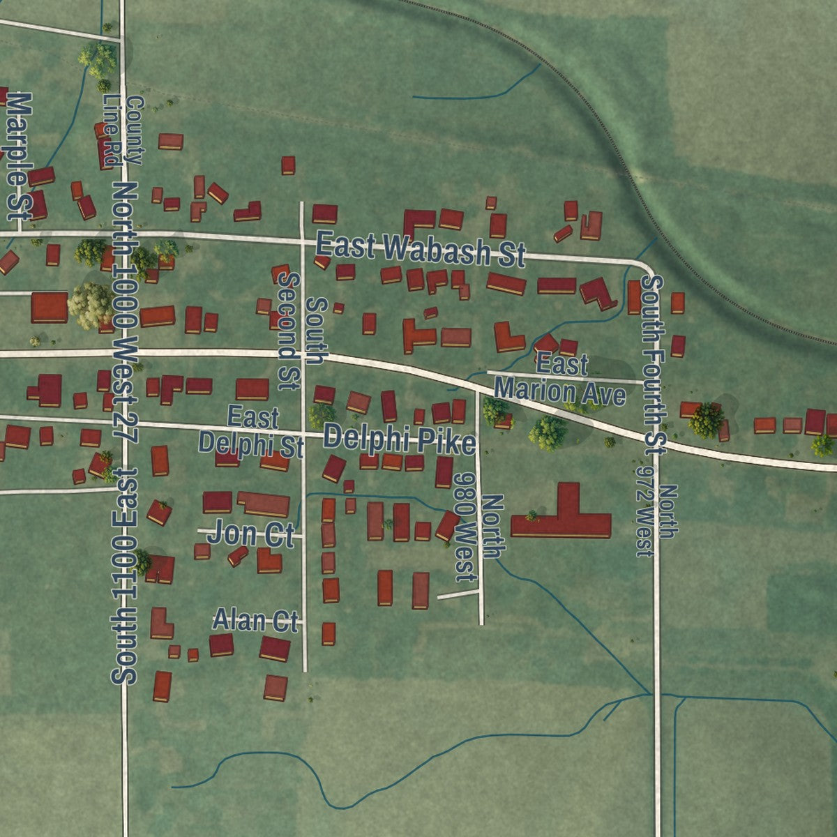 Second close-up of the map of Converse, Indiana print showing more streets and buildings