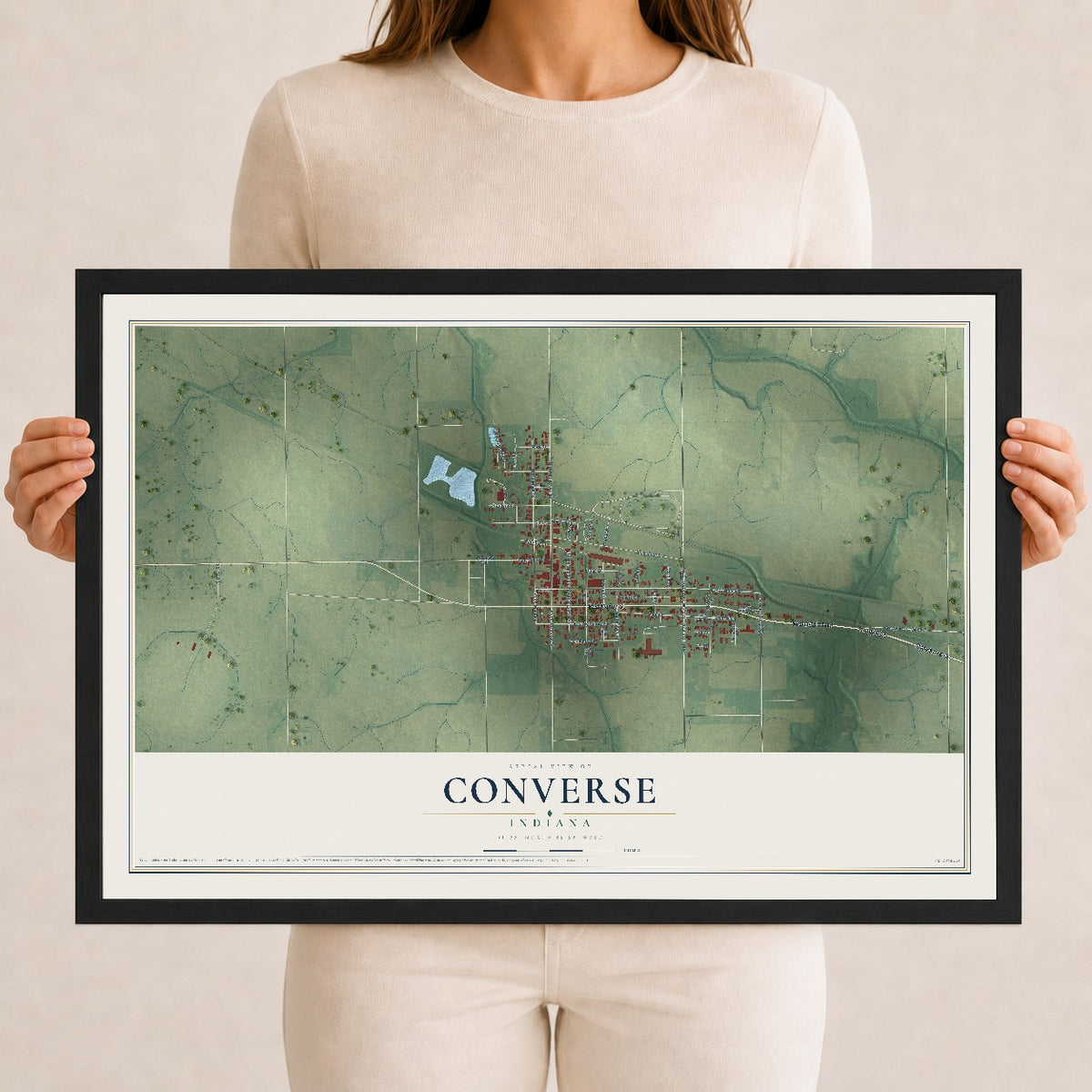 Map of Converse, Indiana, 12 x 18 inch print in a black wood frame