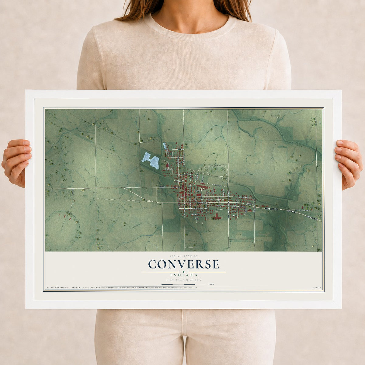 Map of Converse, Indiana, 12 x 18 inch print in a white wood frame