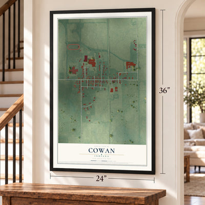 Cowan, Indiana map, 24 x 36 inch print in a black frame by a staircase