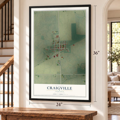 Craigville, Indiana map, 24 x 36 inch print in a black frame by a staircase