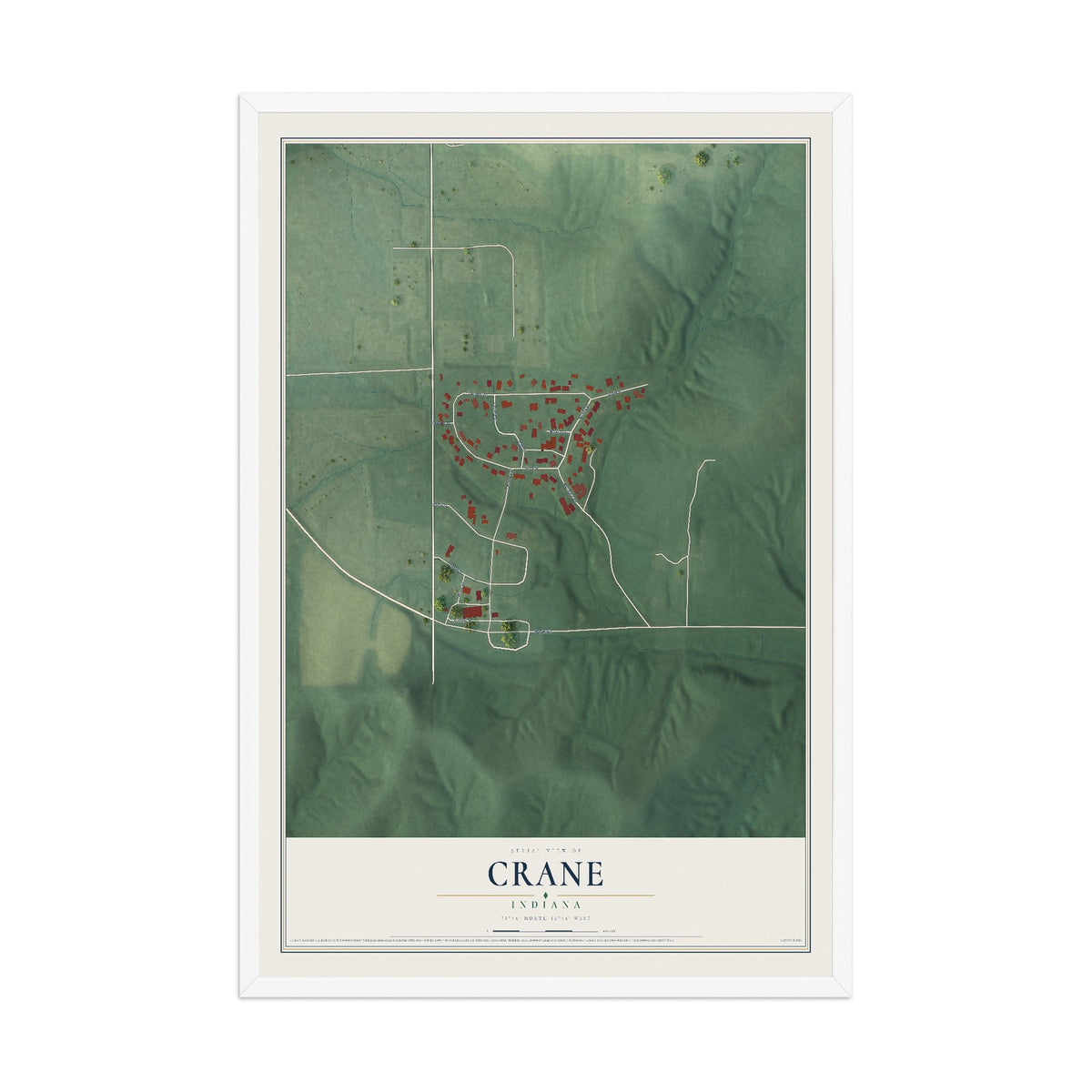 Map of Crane, Indiana, 12 x 18 inch print in a white wood frame