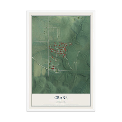 Map of Crane, Indiana, 12 x 18 inch print in a white wood frame