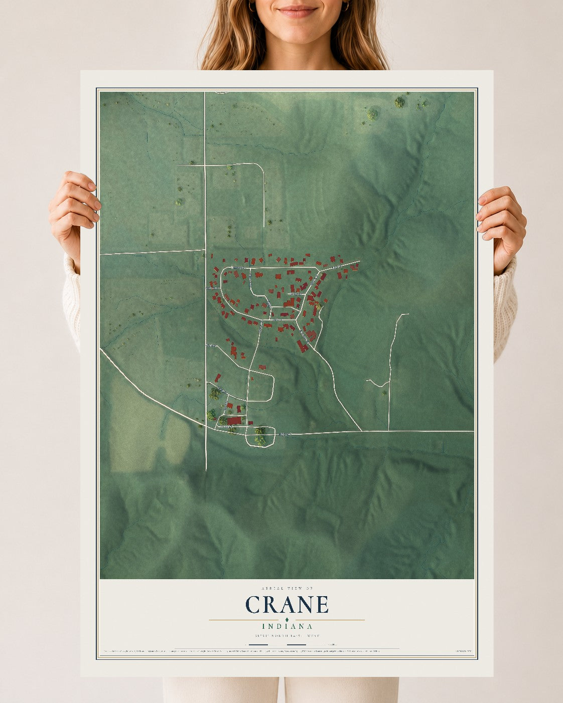 Map of Crane, Indiana, 24 x 36 inch unframed archival matte print