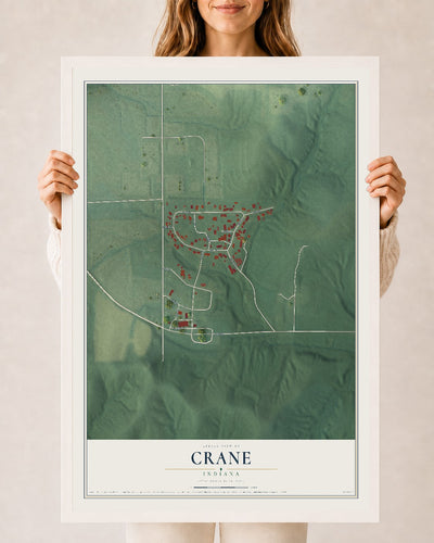 Map of Crane, Indiana, 24 x 36 inch print in a white wood frame