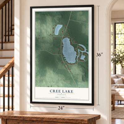 Cree Lake, Indiana map, 24 x 36 inch print in a black frame by a staircase