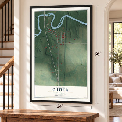 Cutler, Indiana map, 24 x 36 inch print in a black frame by a staircase