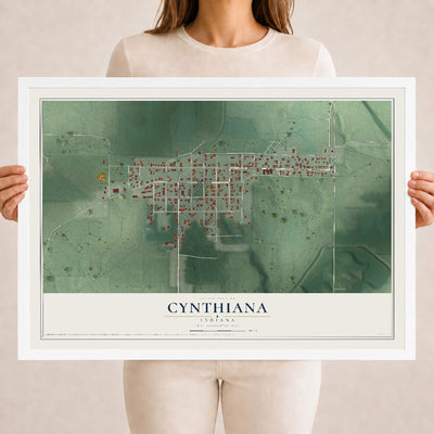 Map of Cynthiana, Indiana, 18 x 24 inch print in a white wood frame
