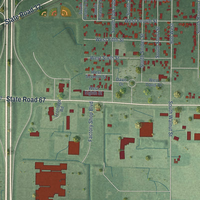 Close-up of the map of Daleville, Indiana print showing street and building detail
