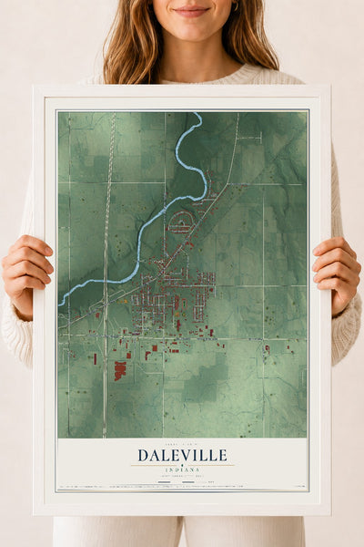 Map of Daleville, Indiana, 18 x 24 inch print in a white wood frame