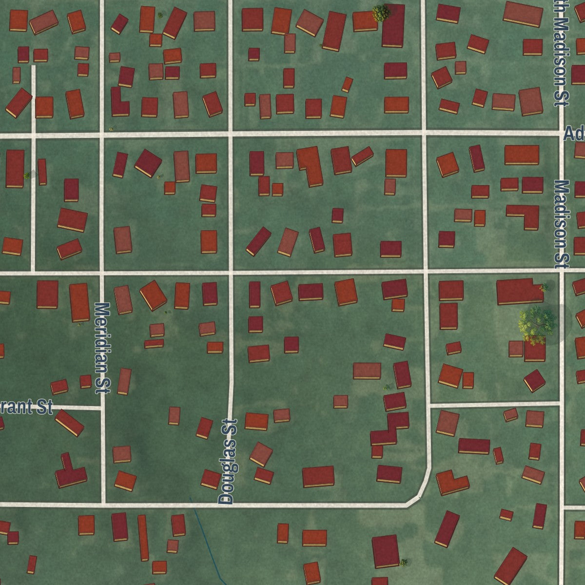 Close-up of the map of Darlington, Indiana print showing street and building detail