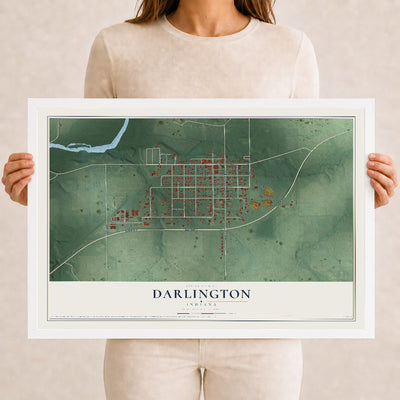 Map of Darlington, Indiana, 12 x 18 inch print in a white wood frame