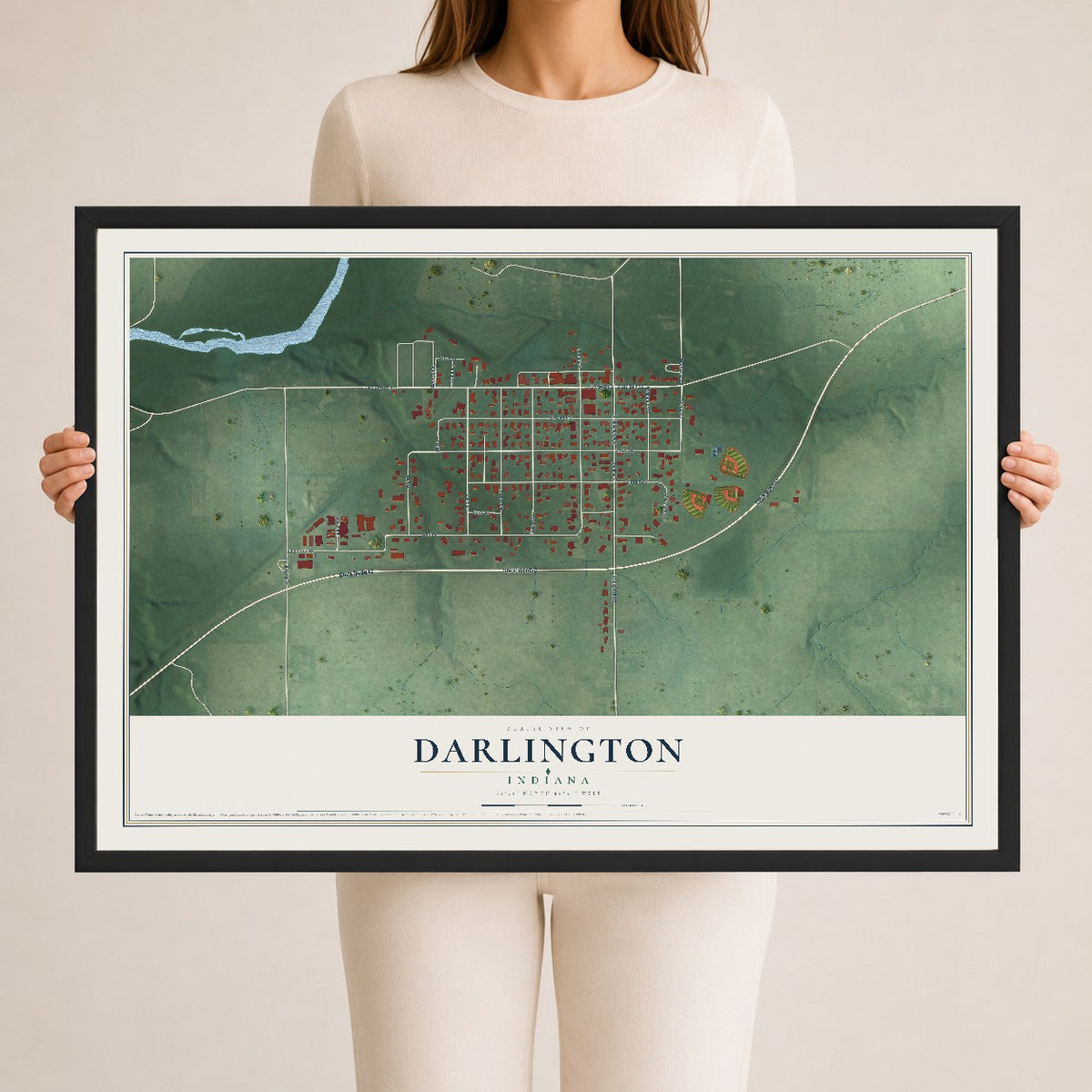 Map of Darlington, Indiana, 24 x 36 inch print in a black wood frame