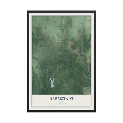 Map of Darmstadt, Indiana, 12 x 18 inch print in a black wood frame