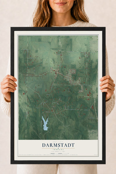 Map of Darmstadt, Indiana, 18 x 24 inch print in a black wood frame