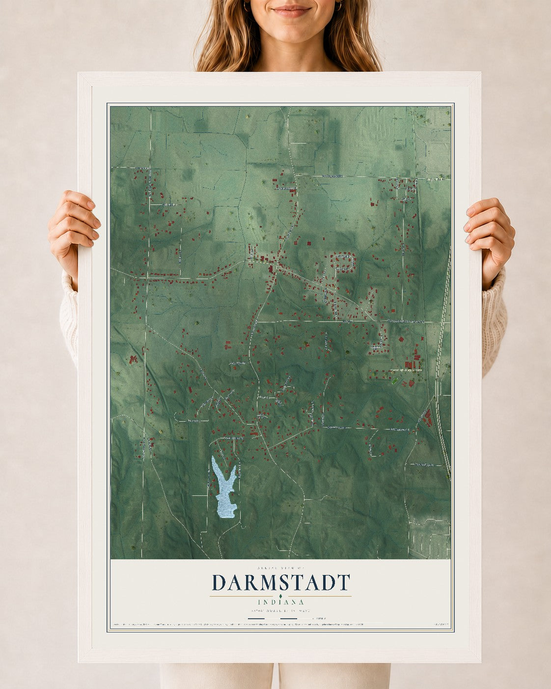 Map of Darmstadt, Indiana, 24 x 36 inch print in a white wood frame