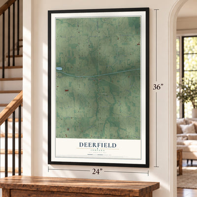 Deerfield, Indiana map, 24 x 36 inch print in a black frame by a staircase