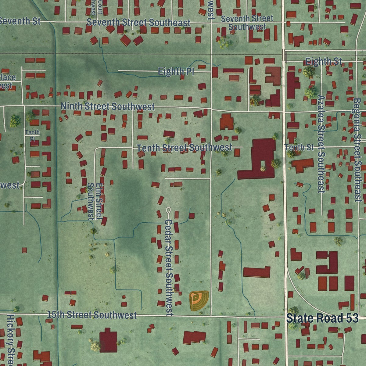 Close-up of the map of DeMotte, Indiana print showing street and building detail
