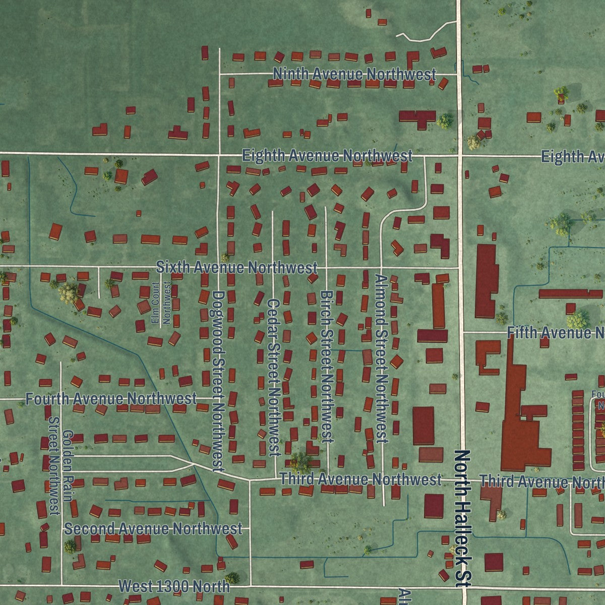 Second close-up of the map of DeMotte, Indiana print showing more streets and buildings
