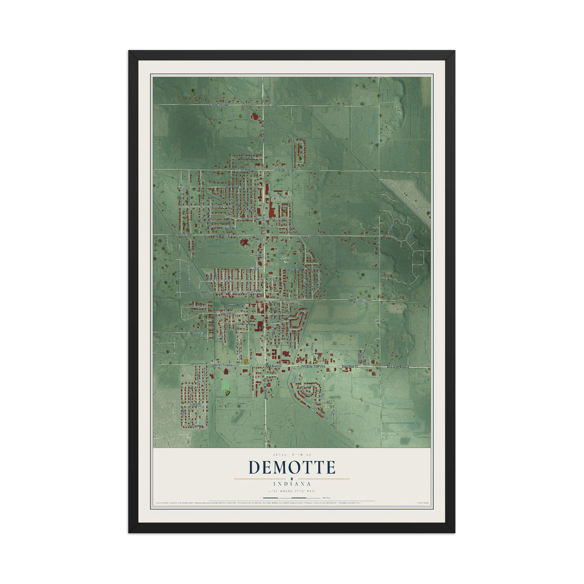 Map of DeMotte, Indiana, 12 x 18 inch print in a black wood frame