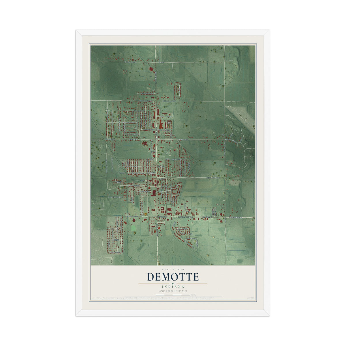 Map of DeMotte, Indiana, 12 x 18 inch print in a white wood frame