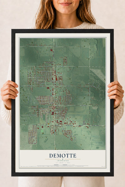 Map of DeMotte, Indiana, 18 x 24 inch print in a black wood frame