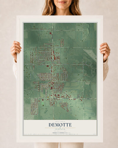 Map of DeMotte, Indiana, 24 x 36 inch print in a white wood frame