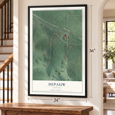 Depauw, Indiana map, 24 x 36 inch print in a black frame by a staircase