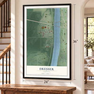 Dresser, Indiana map, 24 x 36 inch print in a black frame by a staircase