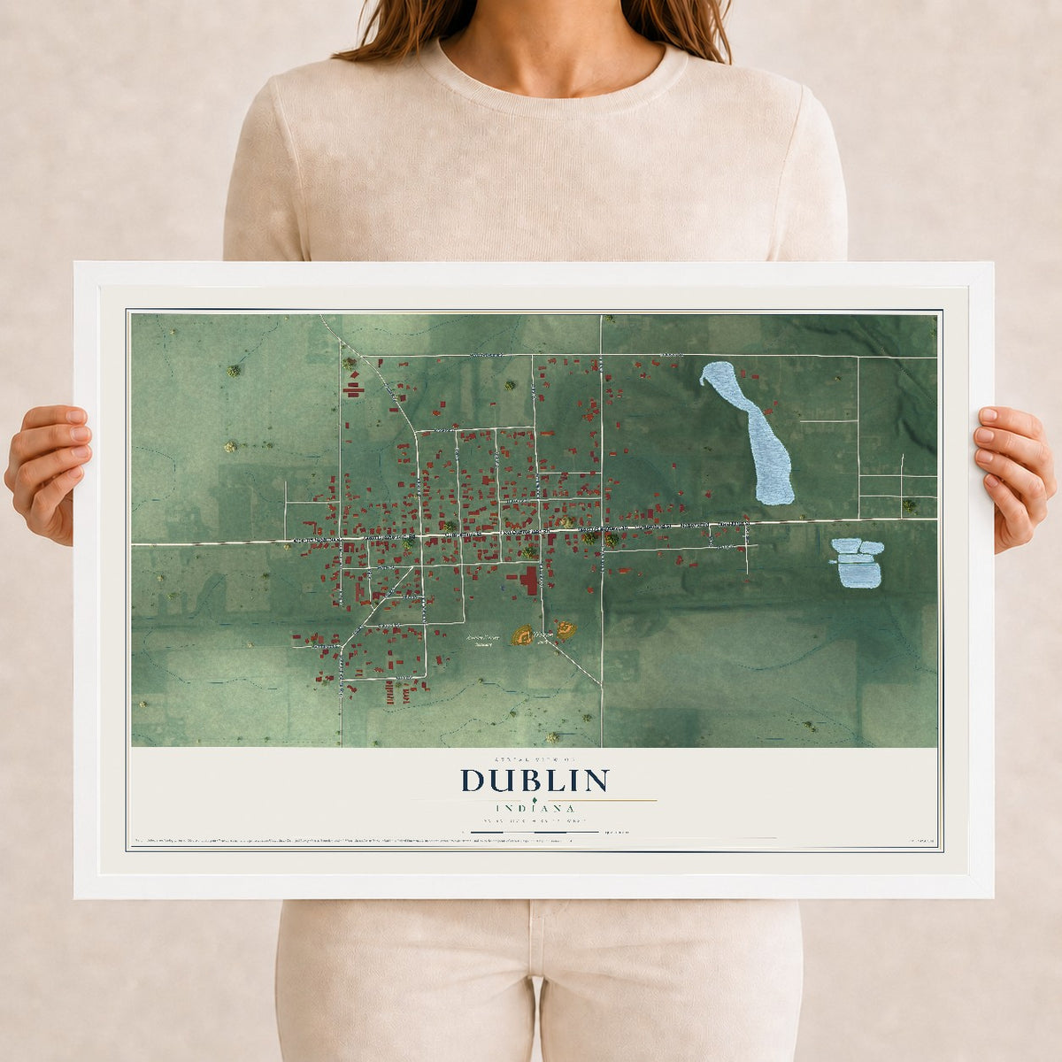Map of Dublin, Indiana, 12 x 18 inch print in a white wood frame