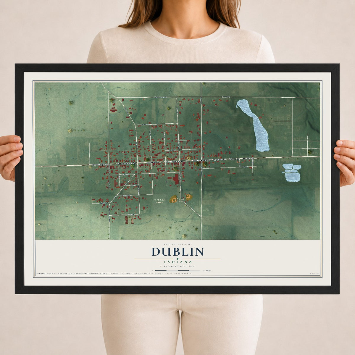 Map of Dublin, Indiana, 18 x 24 inch print in a black wood frame