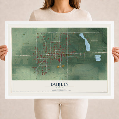 Map of Dublin, Indiana, 18 x 24 inch print in a white wood frame