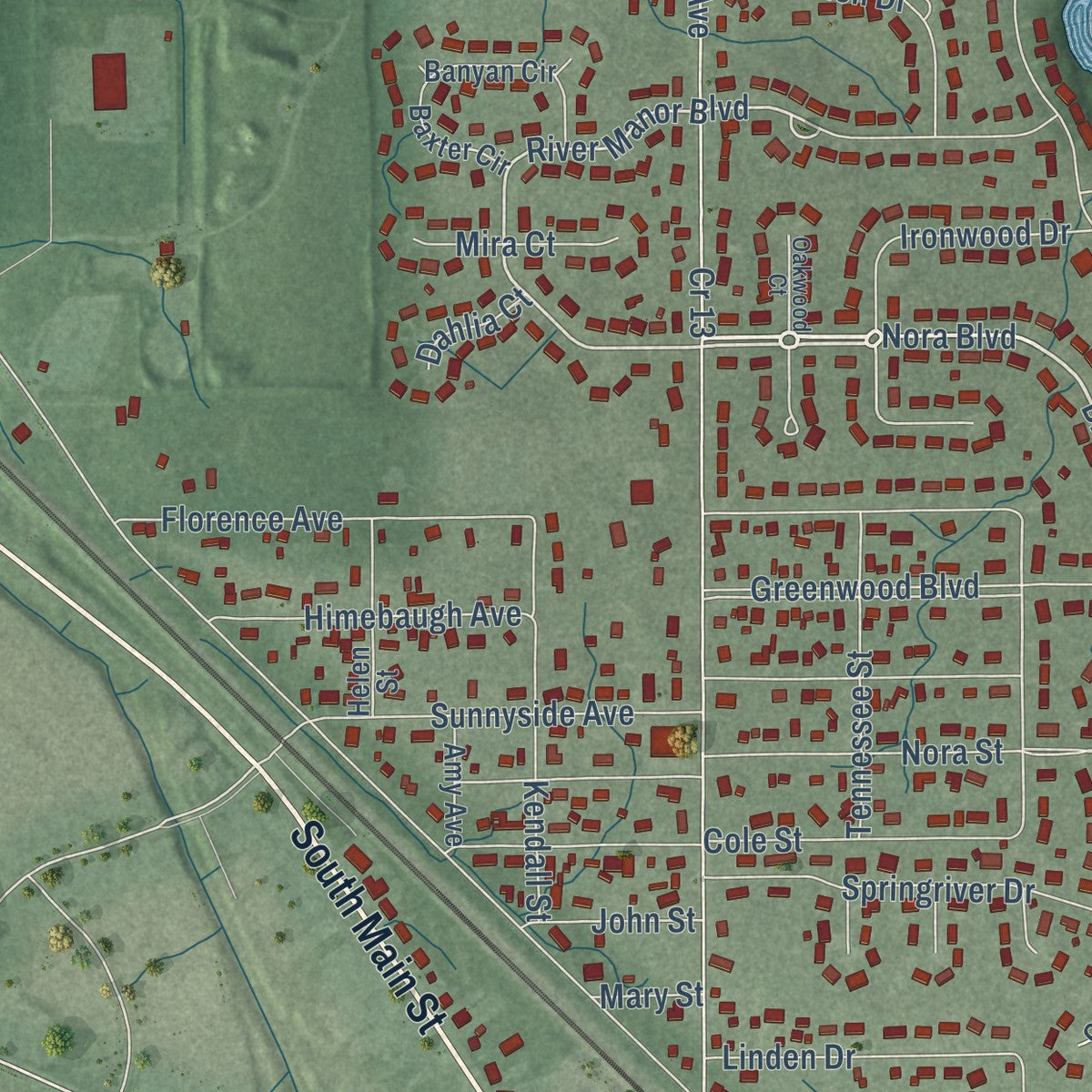 Close-up of the map of Dunlap, Indiana print showing street and building detail