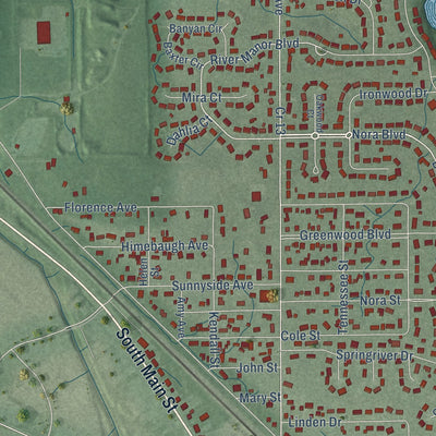Close-up of the map of Dunlap, Indiana print showing street and building detail