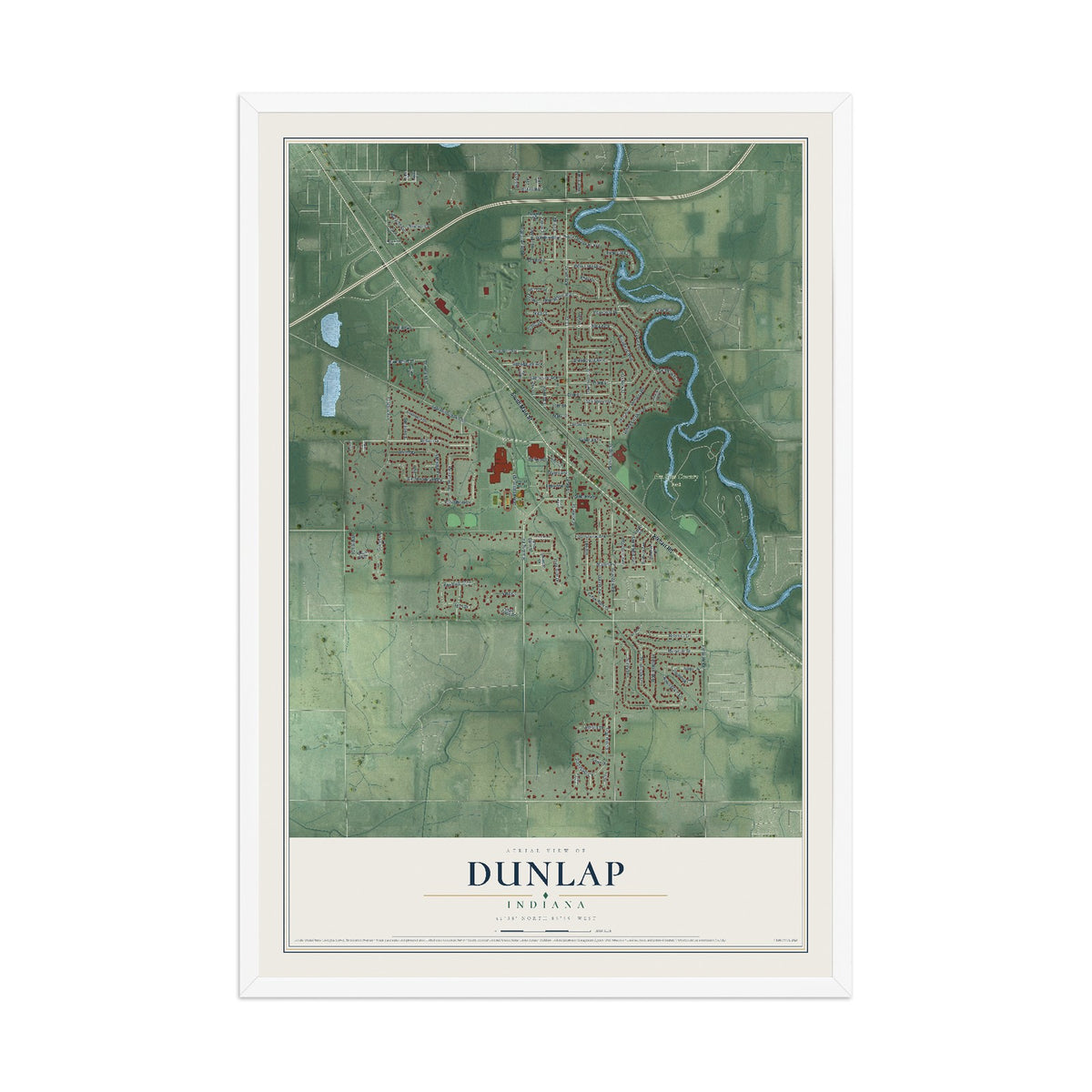 Map of Dunlap, Indiana, 12 x 18 inch print in a white wood frame