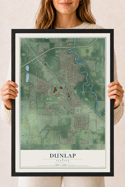 Map of Dunlap, Indiana, 18 x 24 inch print in a black wood frame